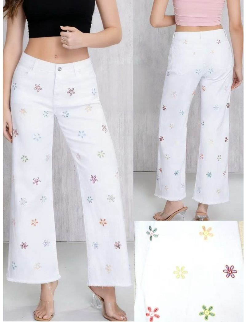 Calças de ganga elástica, flores